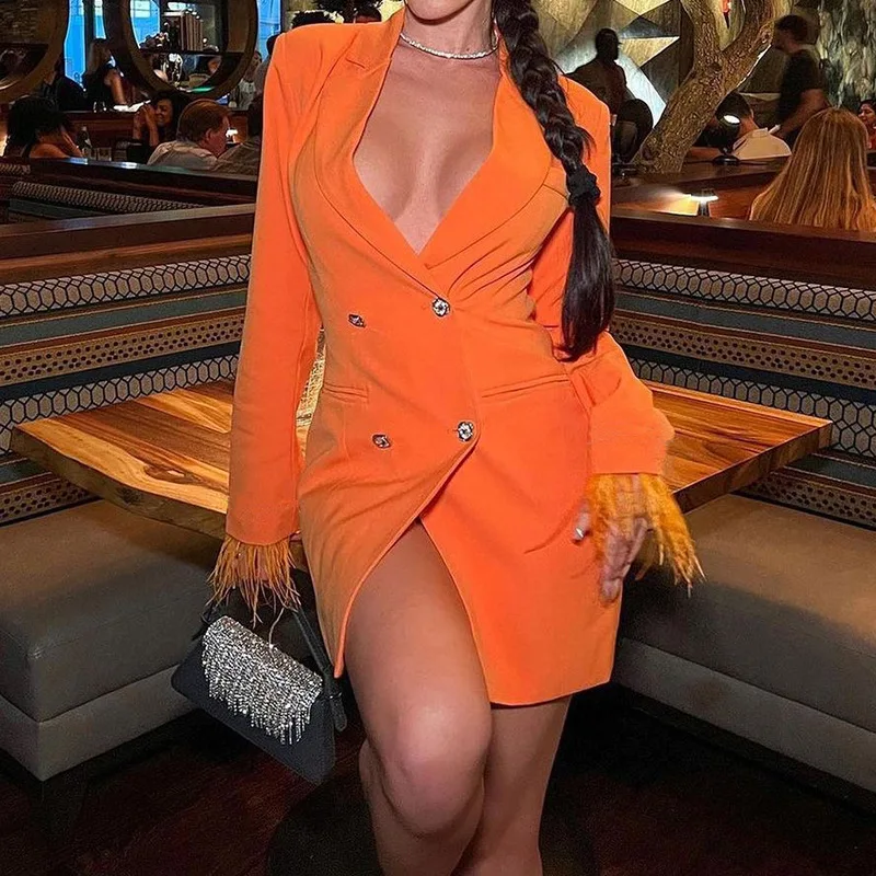 SKMY 2024 Summer Woman Clothes Outfits Solid Color Orange Casual Turn-Down Collar Double Breasted Blazer Dress Long Sleeve