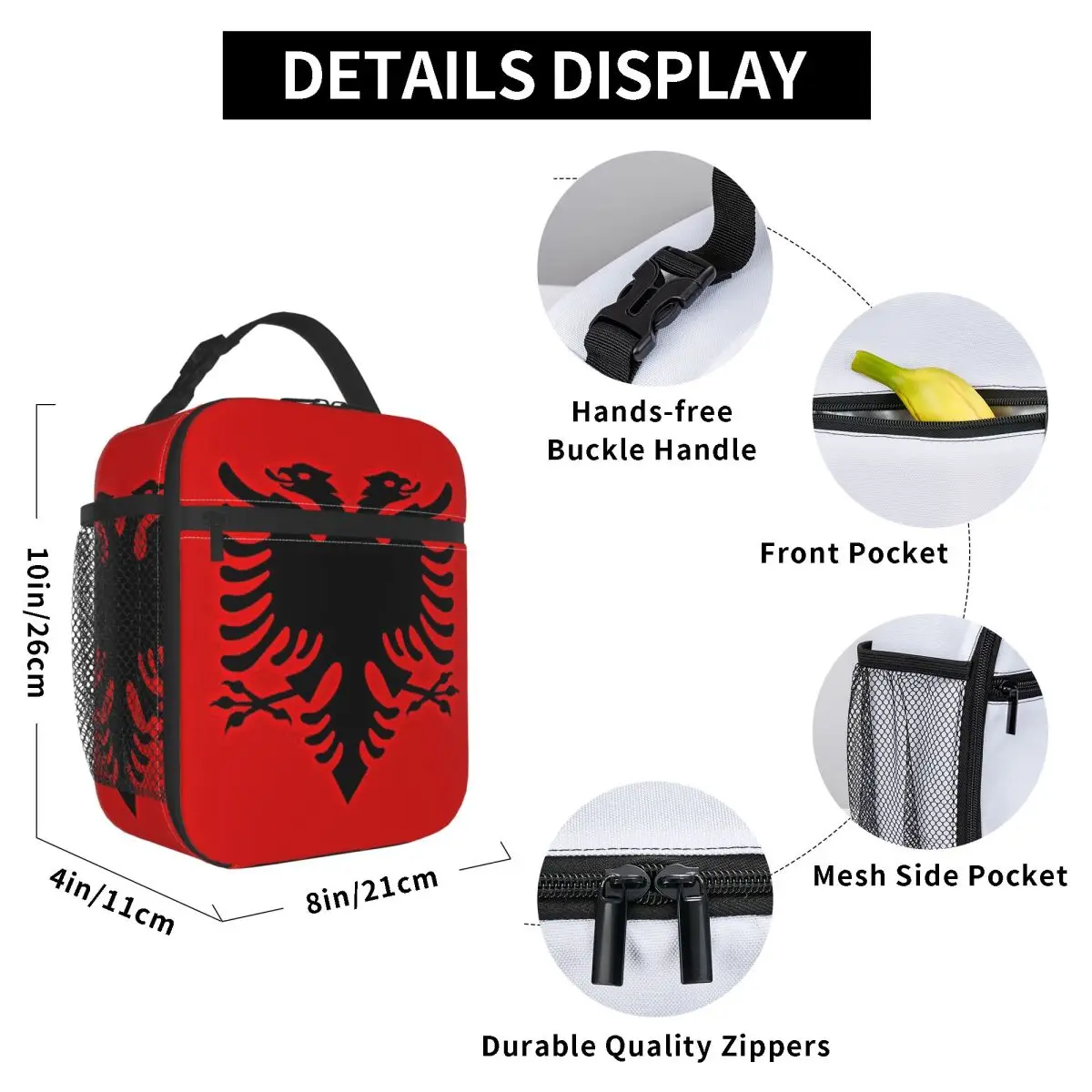 Albania Flag Black Eagle On Red Insulated Lunch Bag for Kids School Cooler Thermal Food Box Tote Portable Lunch Boxes Container