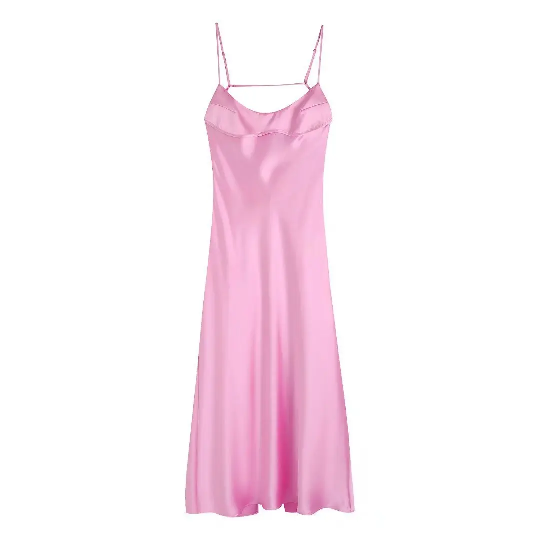 Suninheart Vestido de satén a media pantorrilla para mujer, elegante vestido rosa Sexy sin mangas recortado para fiesta, ropa informal para vacaciones y cumpleaños