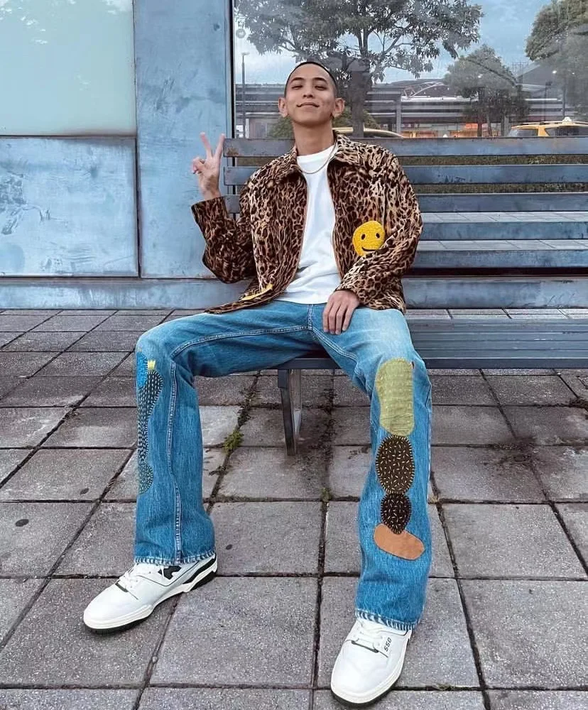 

Мужские джинсы в стиле ретро: японский дизайн, пэчворк, вышивка, модные, повседневные, прямого кроя, свободные, синий деним