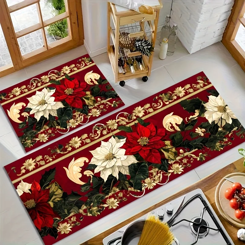 VIKAMA Christmas Kitchen Rugs Set Non Slip Washable Floor Mats Poinsettia Golden Border Kitchen Runner Decor for Xmas Holiday