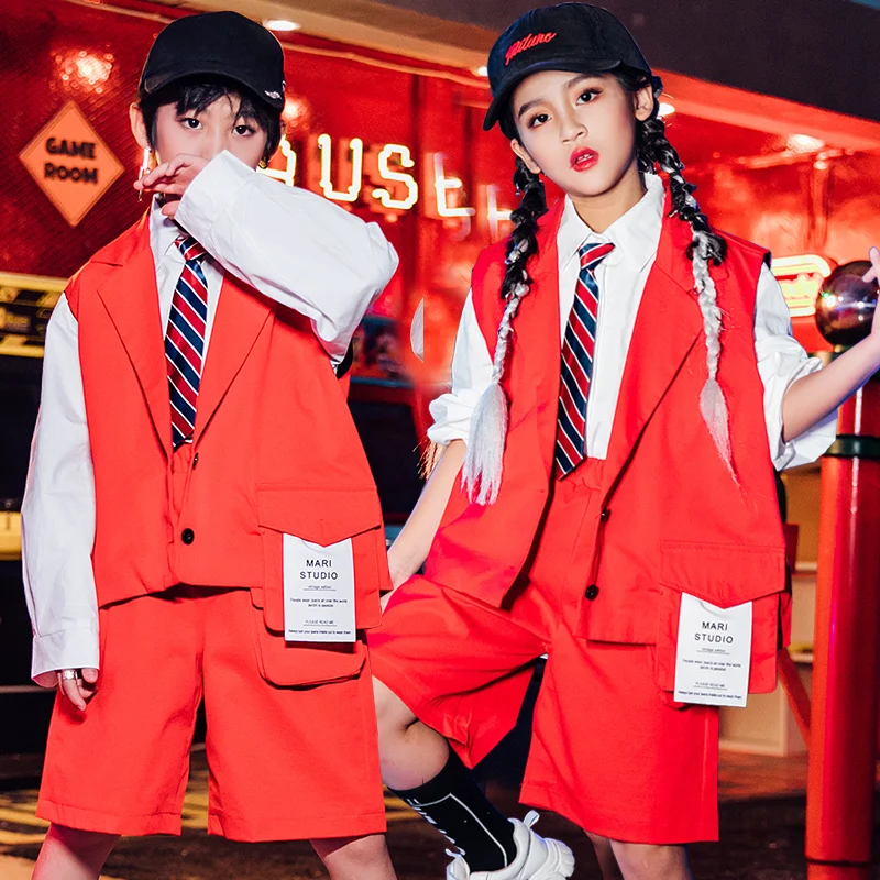 Outfit Boys Concert Festival Clothing Red Vest Children Hip Hop Dance Costume Catwalk Clothes For Girls Jazz Performance