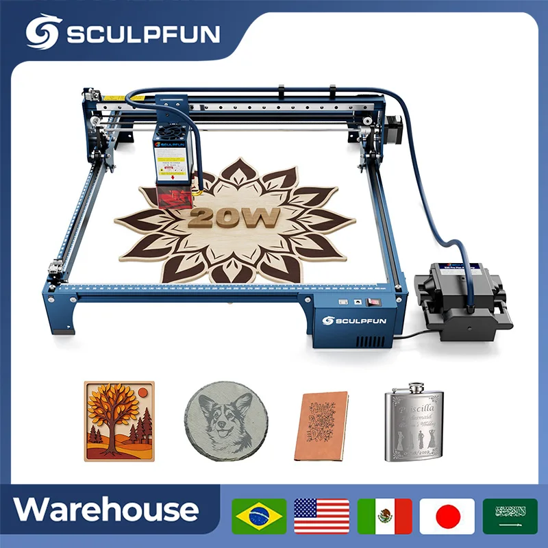 SCULPFUN 20W Engraving Machine Replaceable Lens Design With Automatic Air-assist Laser For Cutting Engraver S30 Pro Max