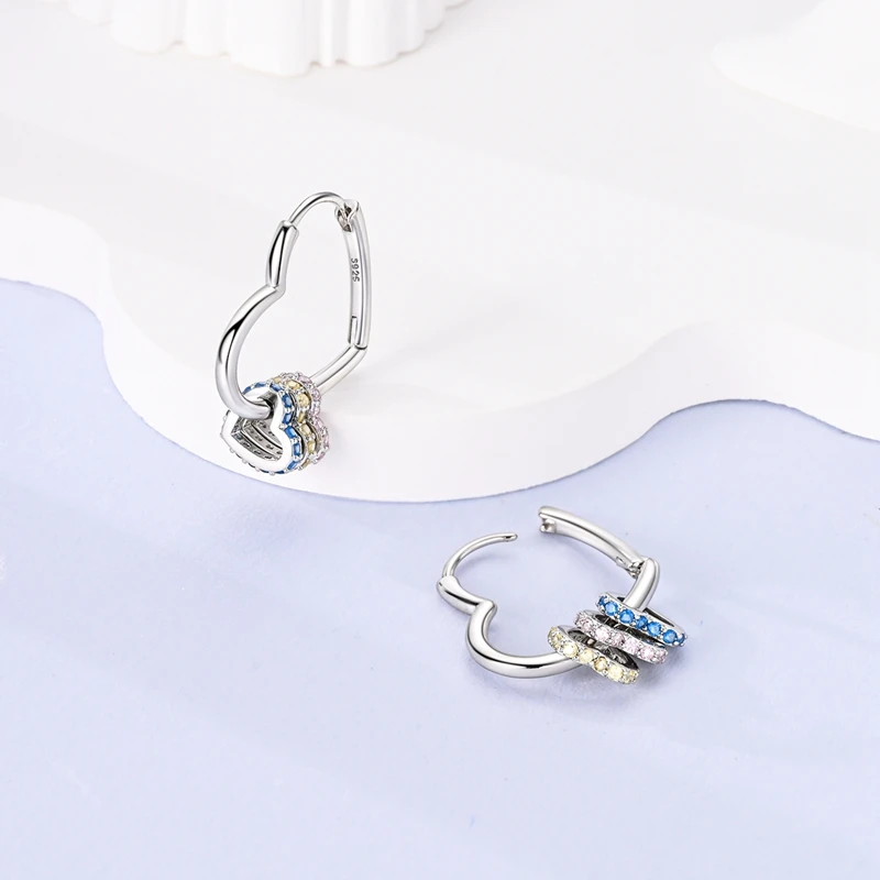Original 100% 925 Sterling Silver Charm Double Hoop Earrings Heart Shaped Pendants Earrings For Women Elegant Party Jewelry Gift