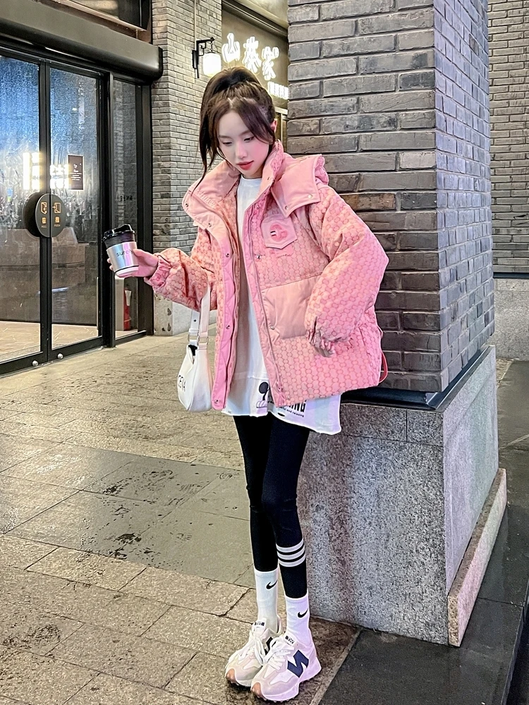 Pink Letter printing style short down jacket for women winter 2025 new high-end loose street Down jacket