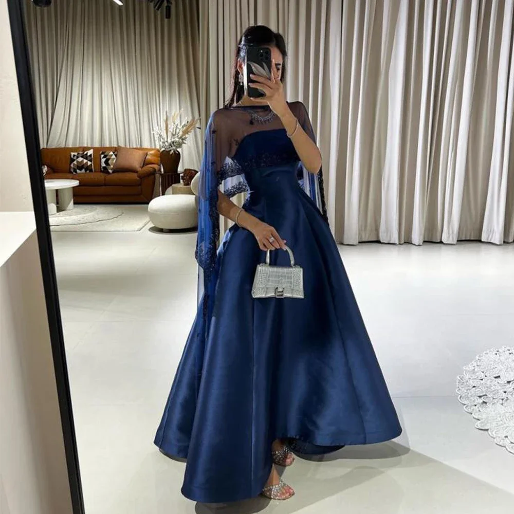 Navy Blue Strapless Evening Dress Classic Satin with Applique Tulle Shawl Women A-Line Floor Length Customized Formal Gown