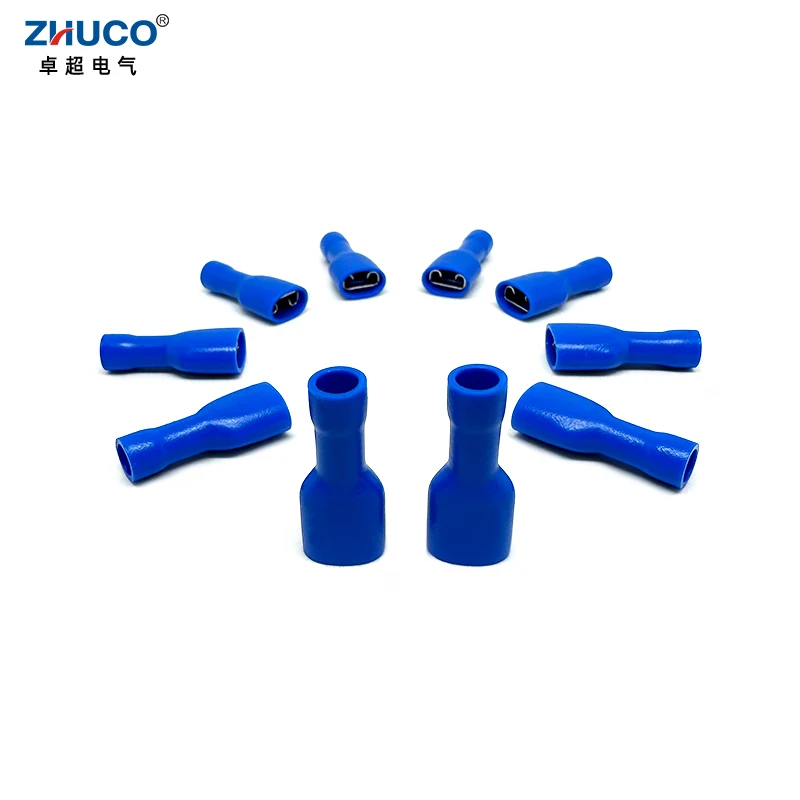 100pcs FDFD2-250 6.35mm Blue Female Cable Connector Plug Electrical Fully Insulated Crimp Terminal For 1.5-2.5mm2 AWG16-14