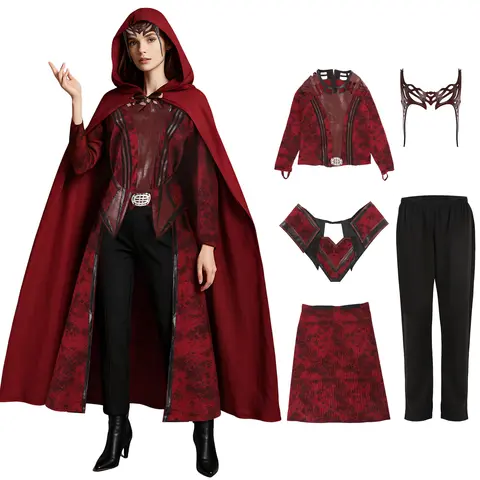 Women's Scarlet Witch Costume Wanda Maximoff Cosplay Outfit Hoodie Cape Jacket Pants Suit Headpiece Halloween Party Full Set