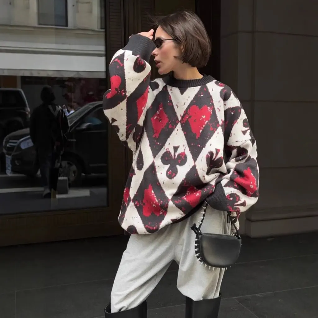 

Женский трикотаж в европейском и американском стиле ретро с круглым вырезом, свободный пуловер контрастного цвета, ромбовидный дизайн, осенне-зимний свитер