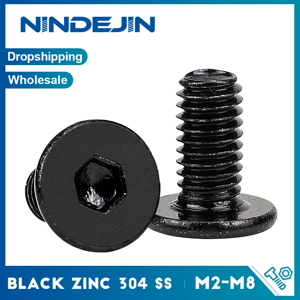 NINDEJIN Hex Socket Ultra Thin Flat Head Machine Screws Black 304 Stainless Steel M2 M2.5 M3 M4 M5 M6 M8 Allen Head Bolts
