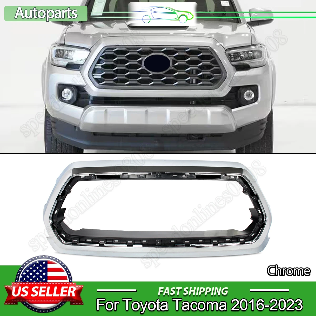 

Compatible With Toyota Tacoma 2016-2023 Front Bumper Upper Grille Outer Frame Surround & Grille Bracket Holder Chrome Magickit