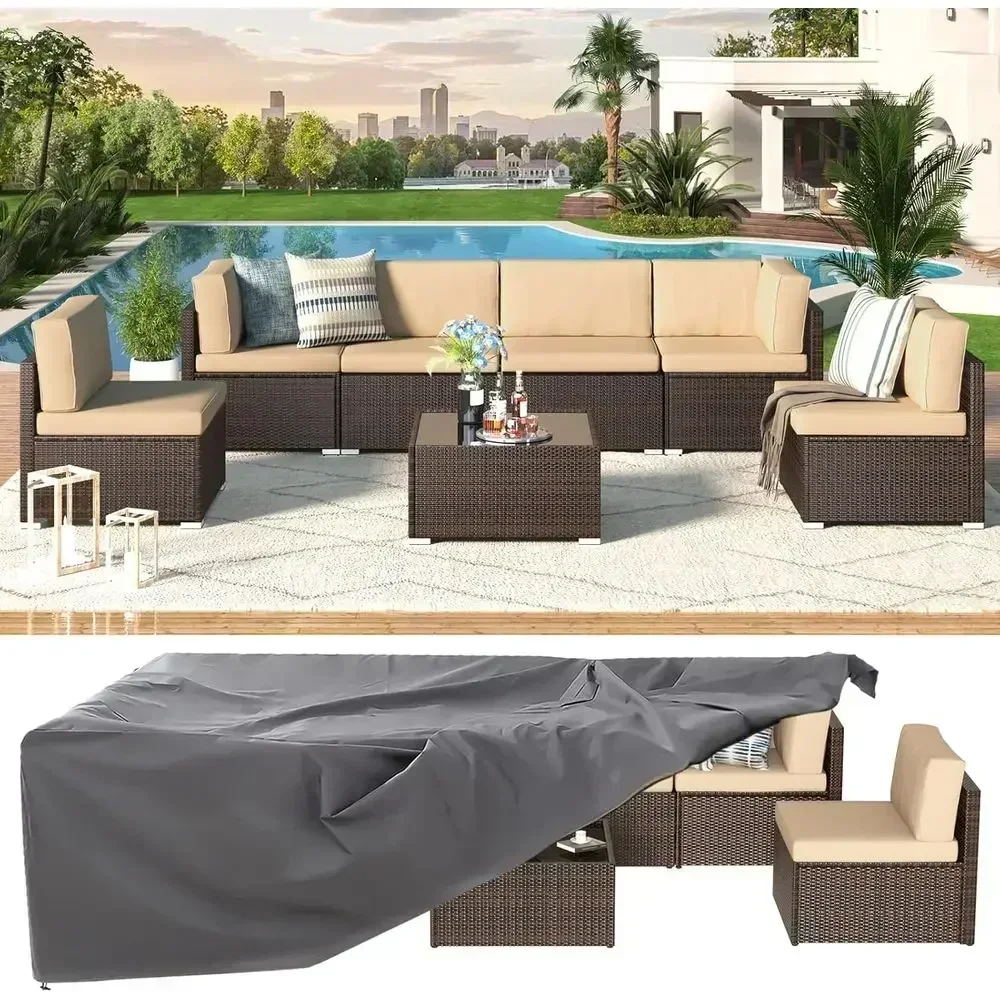 7-Piece Outdoor Patio Furniture Set, PE Rattan Wicker Sofa with Cushions and Tea Table, Brown (Cover Included)