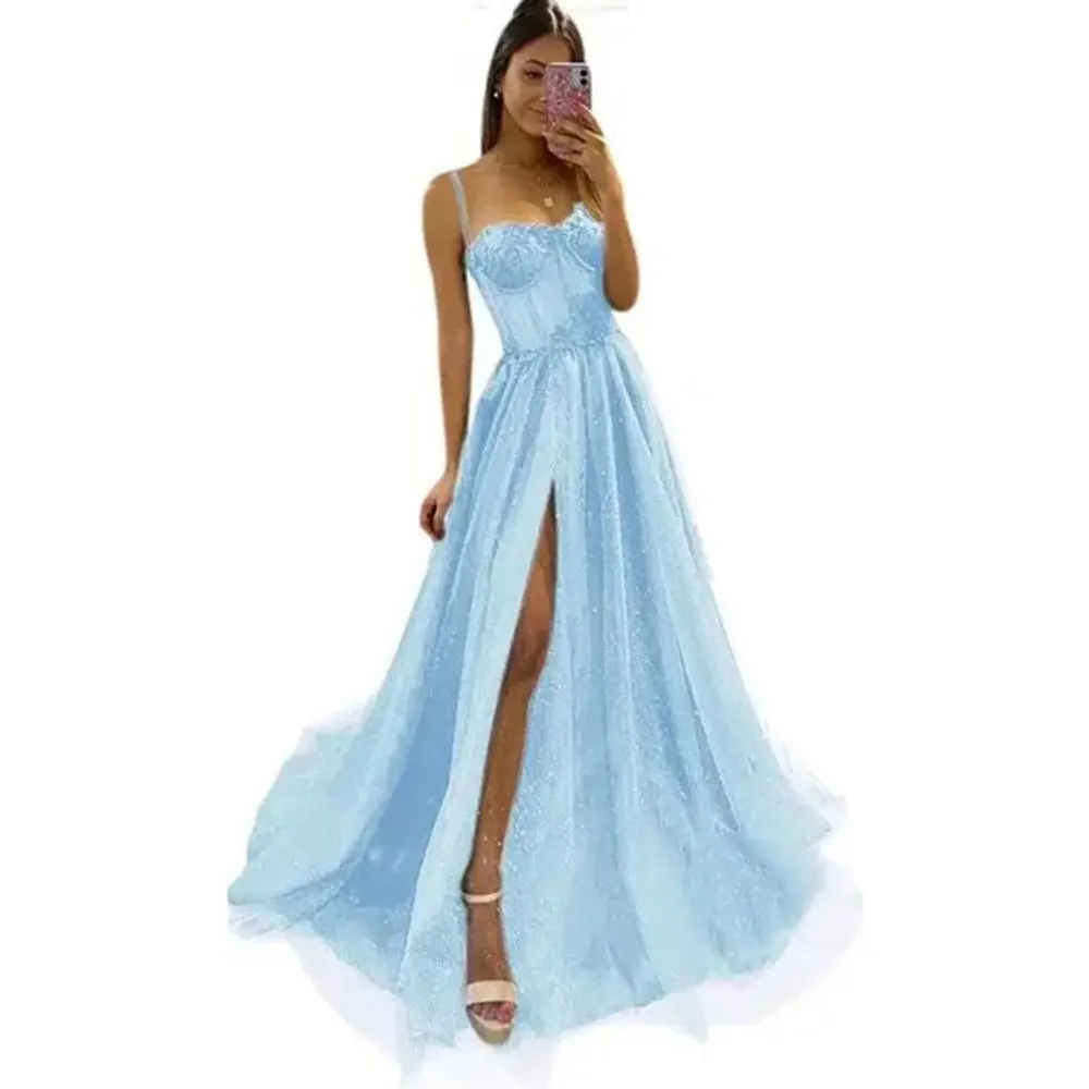 Vestidos de noite de tule brilhante, renda, alças espaguete, vestidos de festa, baile, meninas adolescentes, formatura, fenda lateral alta, sem mangas, personalizado