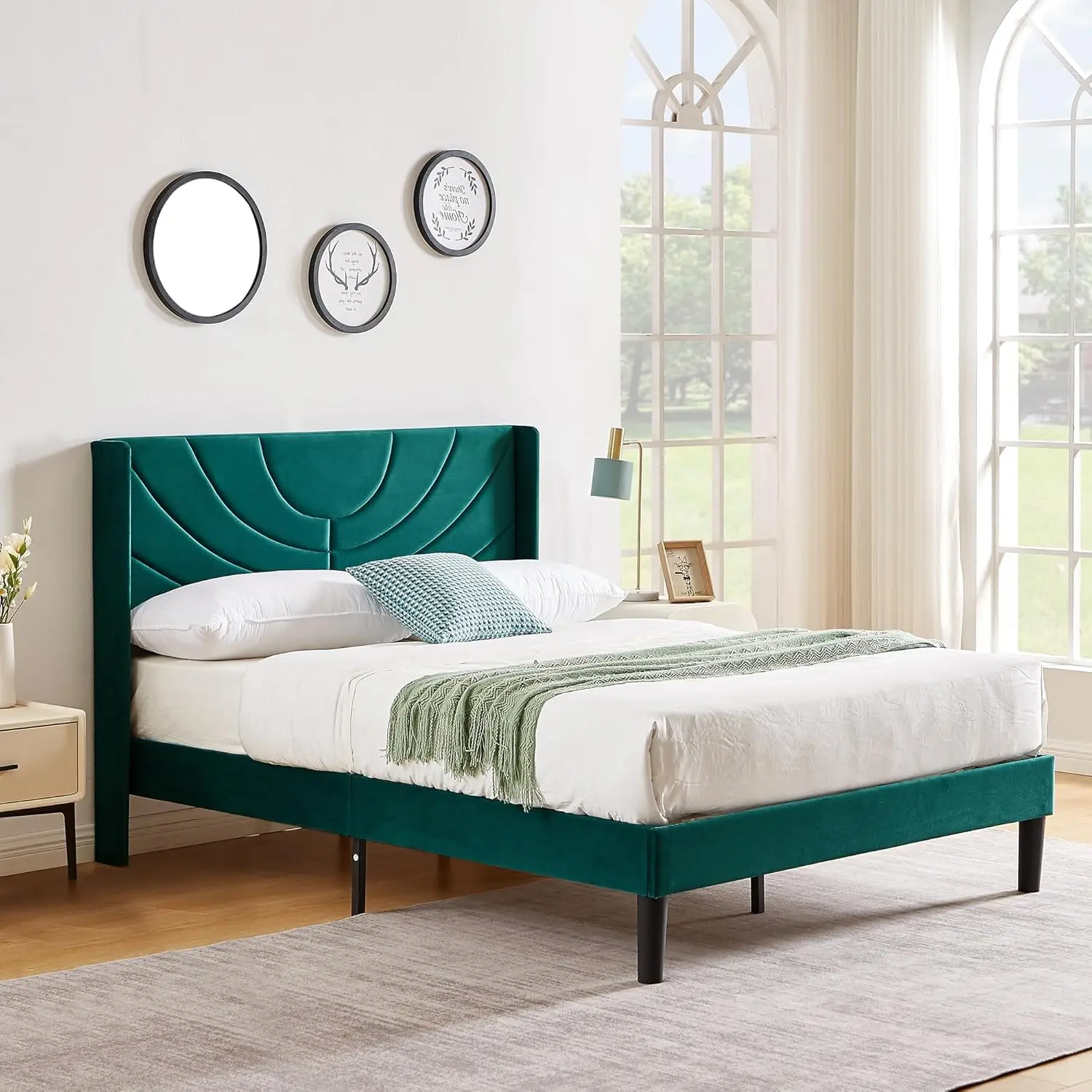 Full Size Bed Frame Upholstered Platform with Wave Fabric Headboard,Wooden Slats Support/Mattress Foundation/Easy Assembly