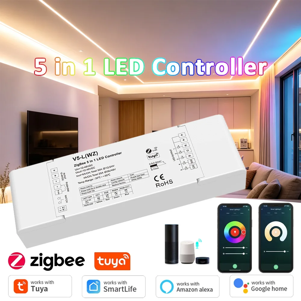 Tuya ZigBee LED Controller 5in1 V5-L(WZ) DC12V-48V RGB CCT RGBW RGBCCT Dimmer 2.4G RF APP Voice Control Work with Alexa Home