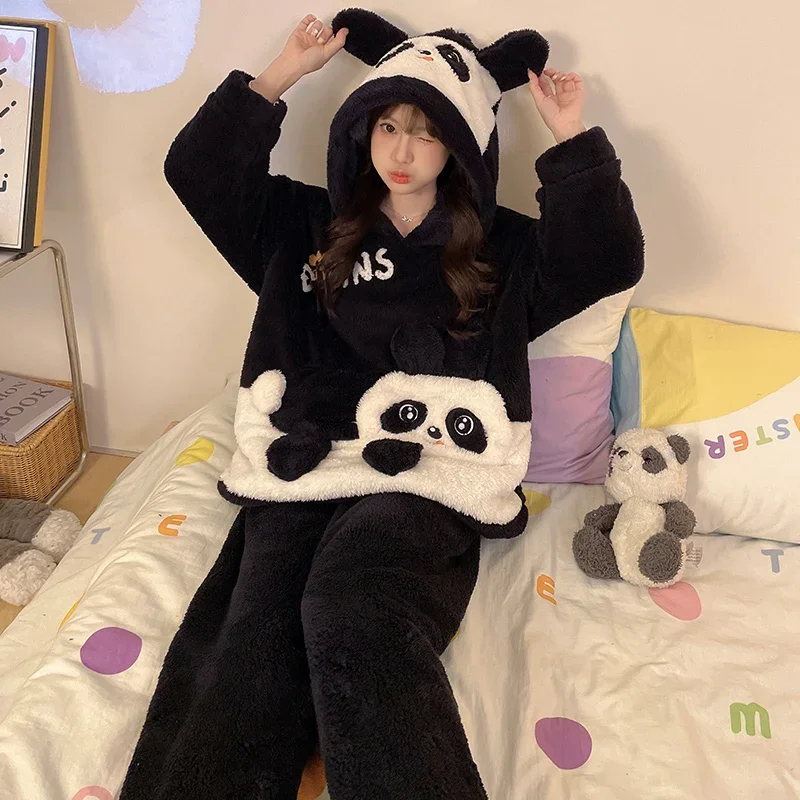 Winter Sleepwear Women Pajama Set Fleece Velvet Cute Panda Home Suit Plush Hooded Piiama Korean Warm Night Wear Homewear Pijama