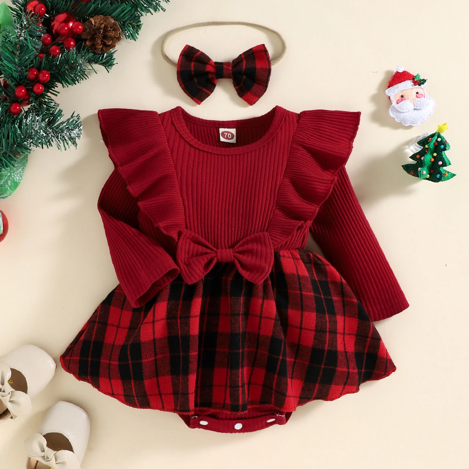 

2022-08-13 Lioraitiin Infant Baby Girls Bodysuit Dress Plaid Ruffles Long Sleeve Bowknot Skirt Hem Jumpsuits Headband