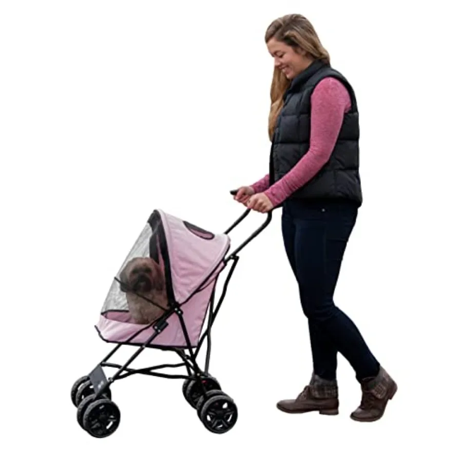 

Pet Gear Travel Lite Plus Stroller for cats and dogs up to 15 lbs: compact, easy-fold, no assembly, large wheels, light pink