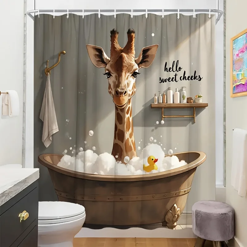 A Whimsical Anthropomorphic Animal-style Shower Curtain Featuring a Central Design of 