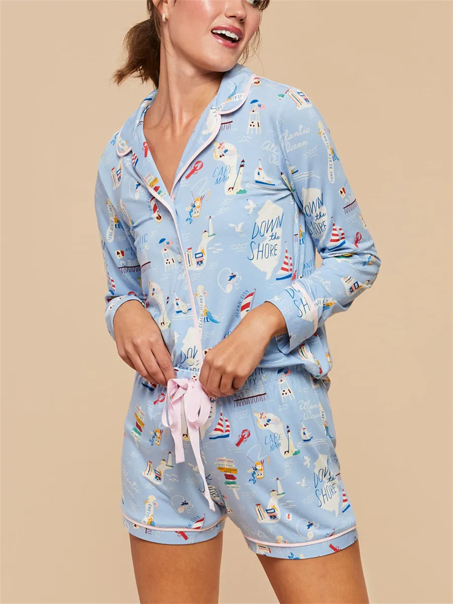 Women’s 2 Piece Pajama Sets Prints Summer Shorts Outfits Long Sleeve Lapel Button Up Tops+Drawstring Shorts Lounge Set Sleepwear