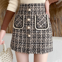 Fall Winter Plaid Tweed Skirt Womens Thick Woolen Pearl Button Front Pocket Glitter Mini Skirt Saia Feminina