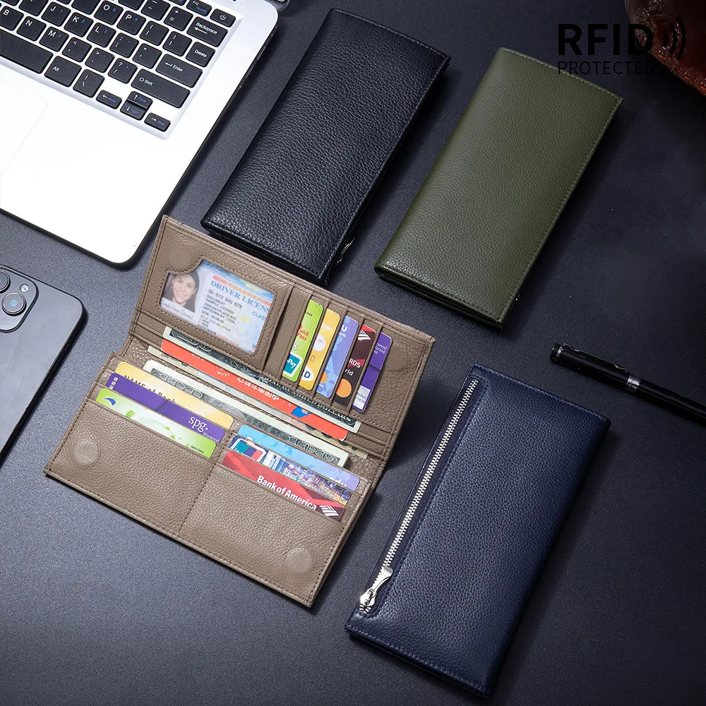 Genuine Leather Men's RFID Wallet Long Ultra-Thin Simple Cowhide Coin Purse For Mobile Phone Bag Multi-Card Slot Card Holder.