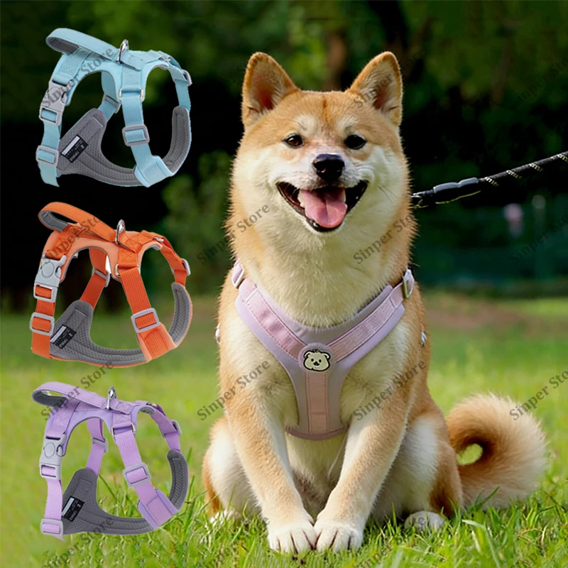 

Регулируемая шлейка для собак без вытягивания с кожаными акцентами, прочный светоотражающий нейлоновый жилет для тренировок, пеших прогулок, легкая прогулочная шлейка