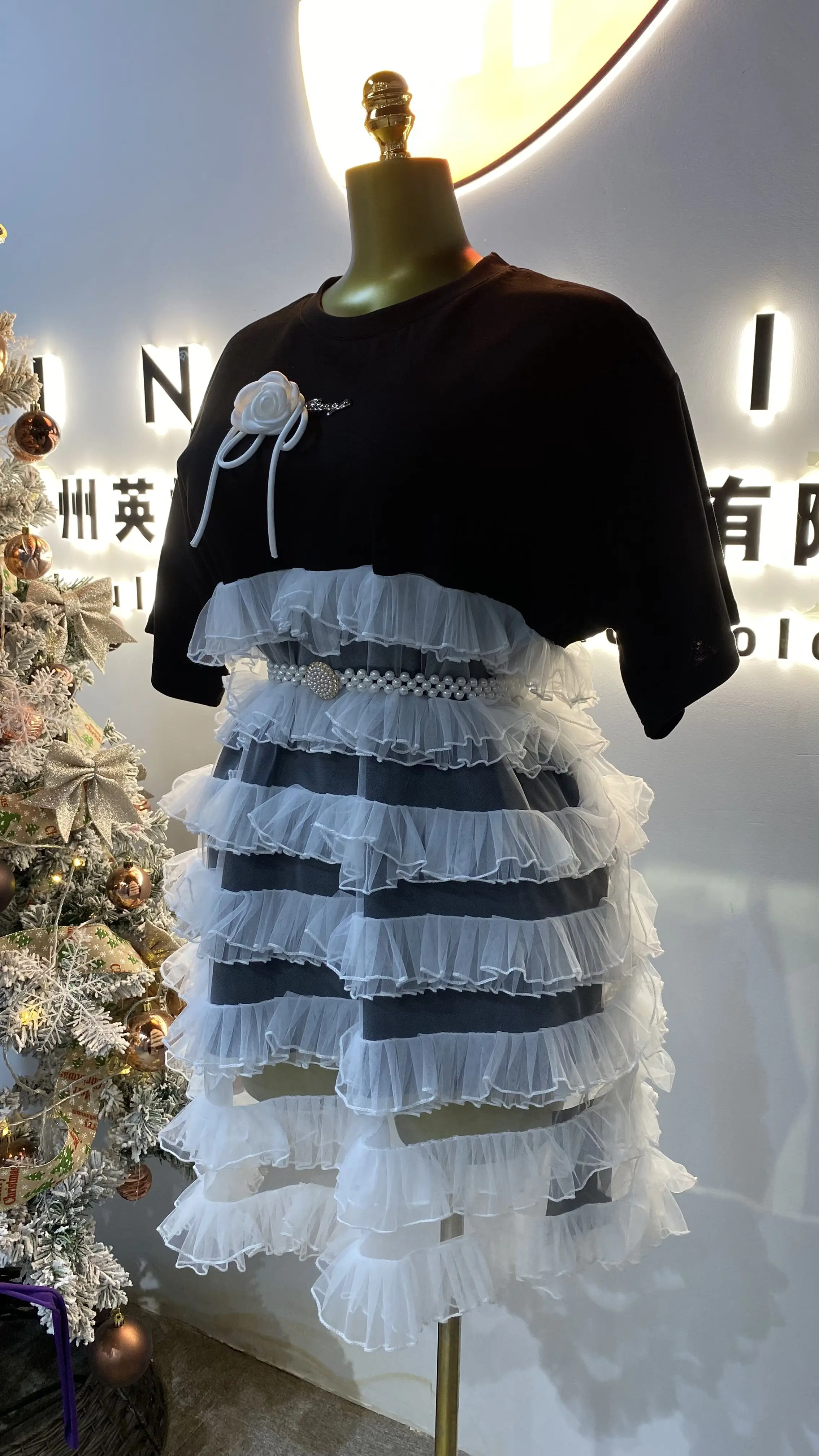 فستان تي شيرت شبكي مرقع أنيق مقاس كبير فستان فضفاض بفيونكة-GZMM394