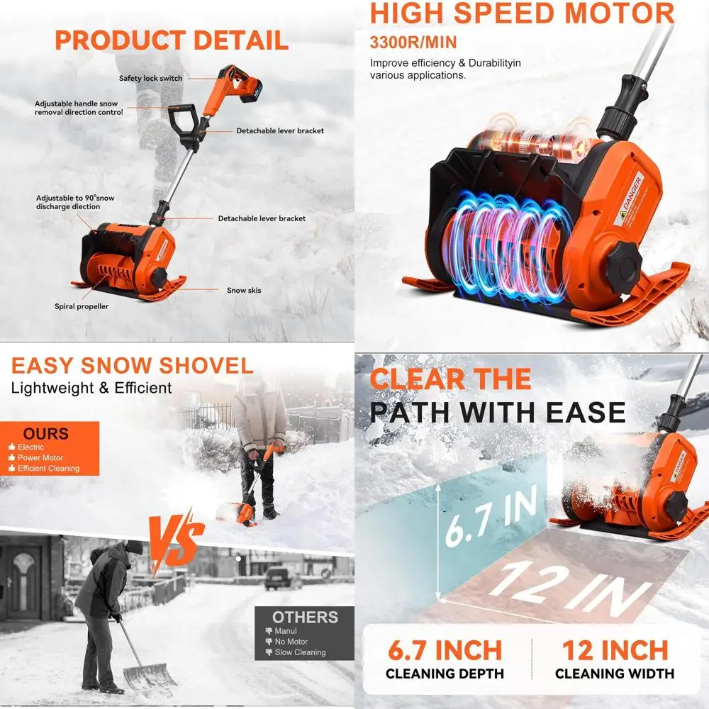 

Cordless Electric Snow Shovel 12 Width, 6.7 Depth, 20ft Throw, 4Ah 21V Battery, Brushless, Adjustable Handle for Driveways, Step