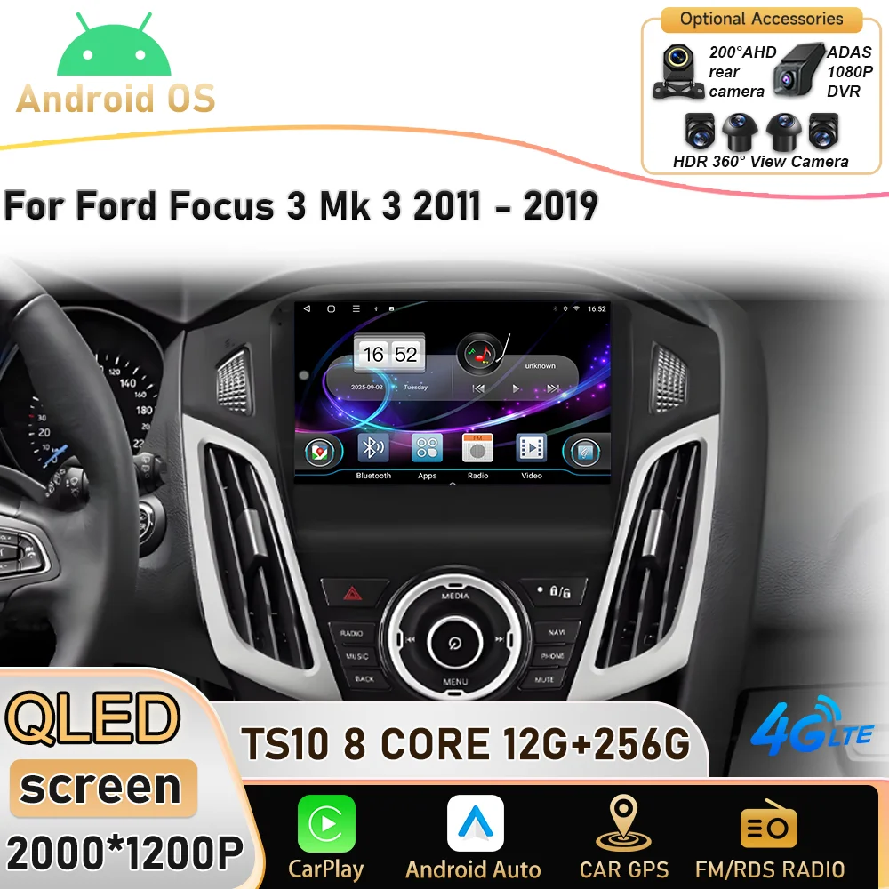 Dvd For Ford Focus 3 Mk 3 2011-2019 Android 16 2K In-Car Multimedia System GPS Navigation High-Performance CPU Stereo Head Unit
