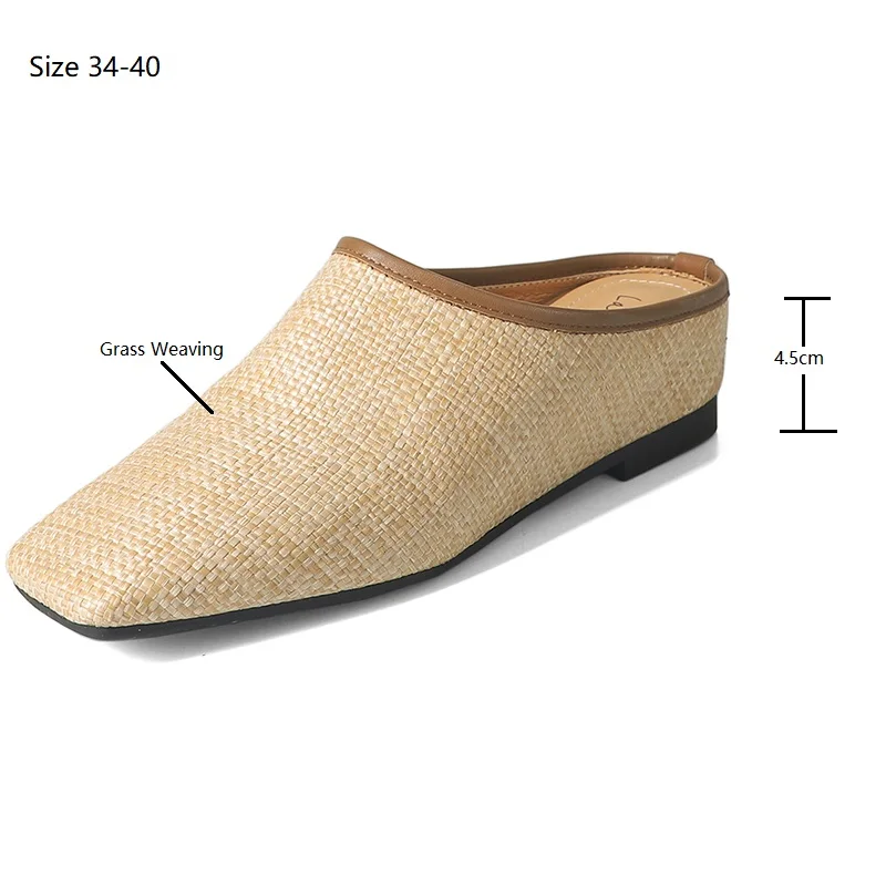 Insicre 2024 Fashion Mules Grass Weaving Mid Heels Square Toe Women's Pumps Handmade Slippers Summer Shoes