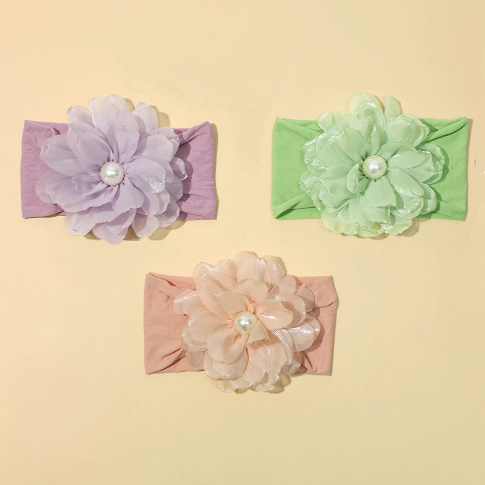 パール大シフォンフラワーヘッドバンドベビー幼児ヘアアクセサリー新生児 PhotoProp ワイドナイロンヘッドバンド子供花ターバン