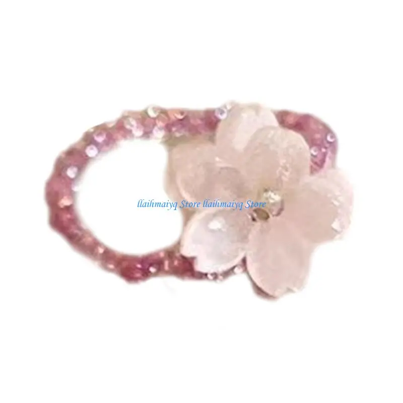 573B Elastic Beaded Violets Floral Acrylic Ring Adjustable Finger Jewelry Korean Women Fashion Accessory for Party