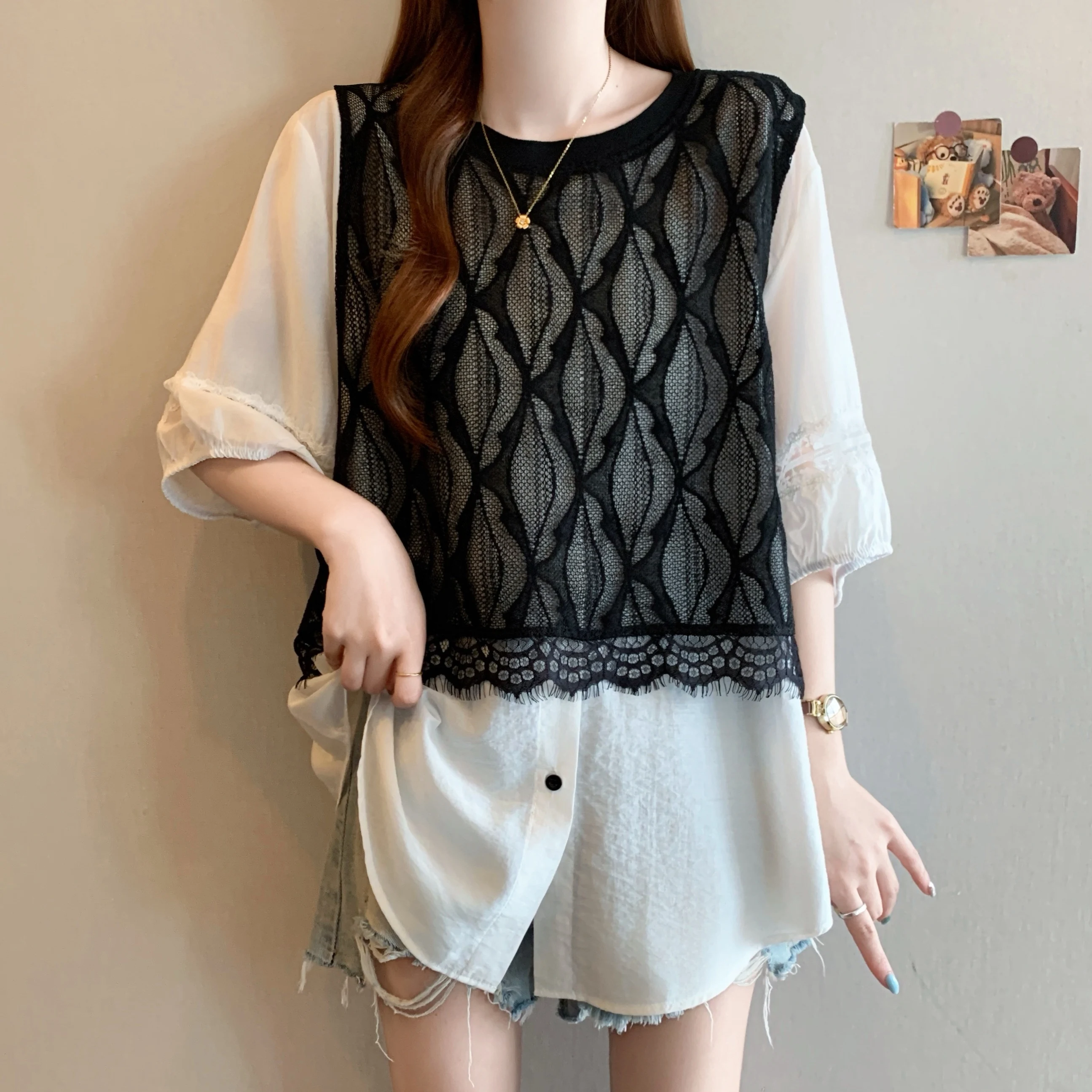 

Женская повседневная свободная рубашка больших размеров с эффектом двухслойности, летняя, модная, универсальная, из полиэстера, с круглым вырезом, с коротким рукавом