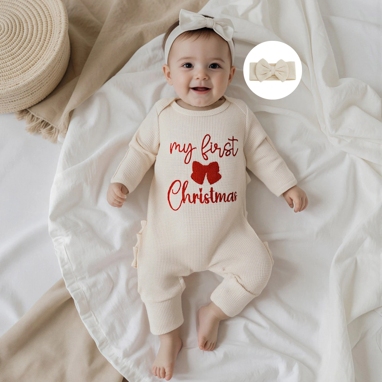 

Вафельный комбинезон с длинными рукавами и круглым вырезом для новорожденных девочек «Мой первый рождественский комбинезон» с буквенной вышивкой и бантом на голову