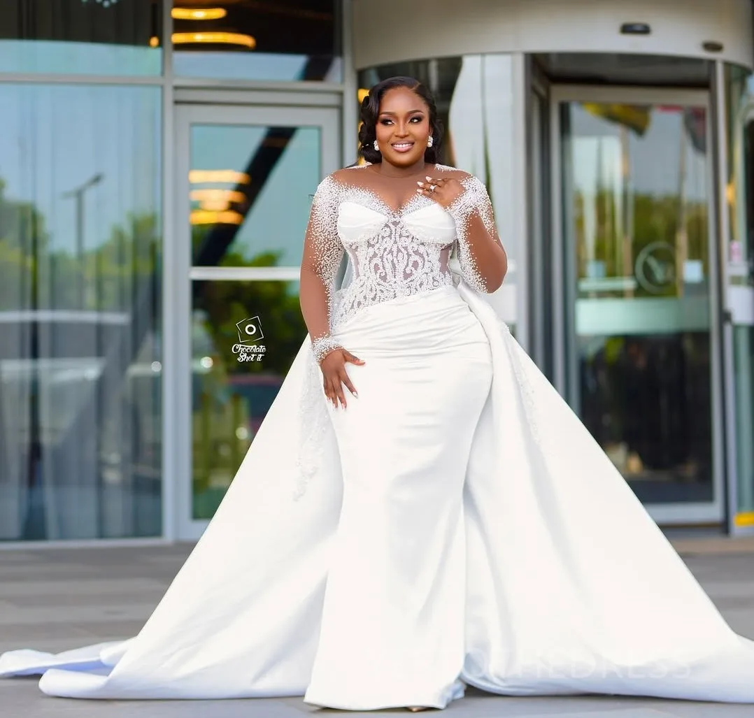 

2025 Luxury Mermaid Wedding Dress Sheer Neck Beaded Illusion Long Sleeves Princess Bridal Bride Gowns African Vestido De Noiva