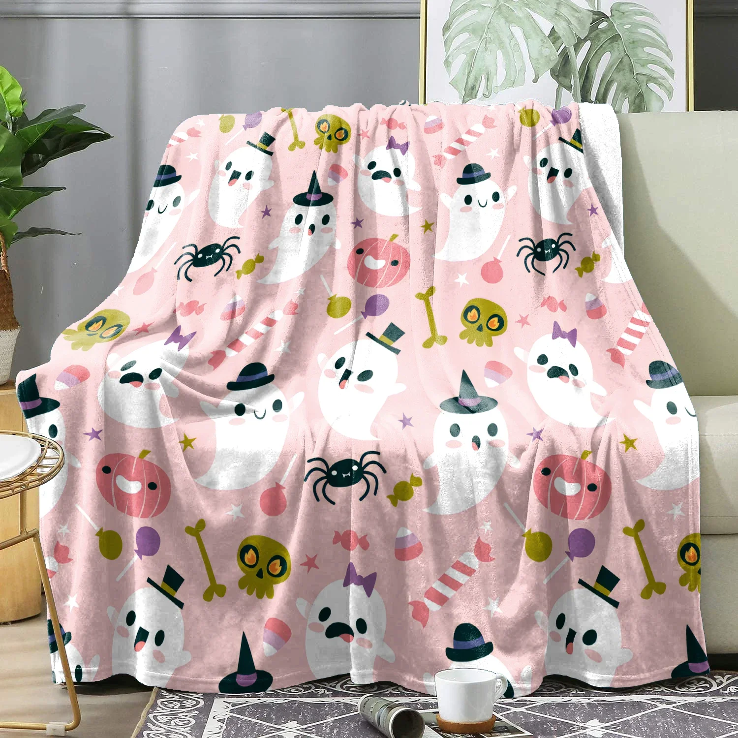 Halloween Cute Pink Flannel Blanket Ghost Double-Sided Printed Warm Soft Bedding Balnkets Decor Home Bedsqreads Holiday Gifts