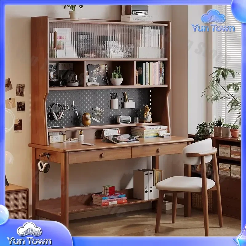 Nordic Solid Wood Desk Bookshelf Integrated Study Table for Student Home Office Multi Functional Hole Board Computer Desk