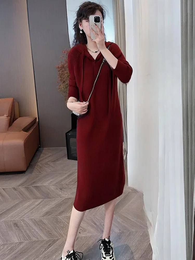 Faionable tricoté à capuche Dr femmes ample longue Sve Dres décontracté Sle Stand Fit a-ligne jupes v-ne vêtements d'automne