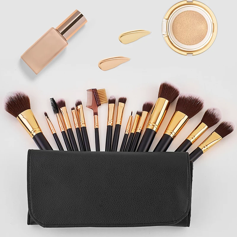 Professionele 16-delige make-upborstelset - Zachte pluizige haren voor oogschaduw Foundation Premium lederen tas Luxe getextureerde cosmet