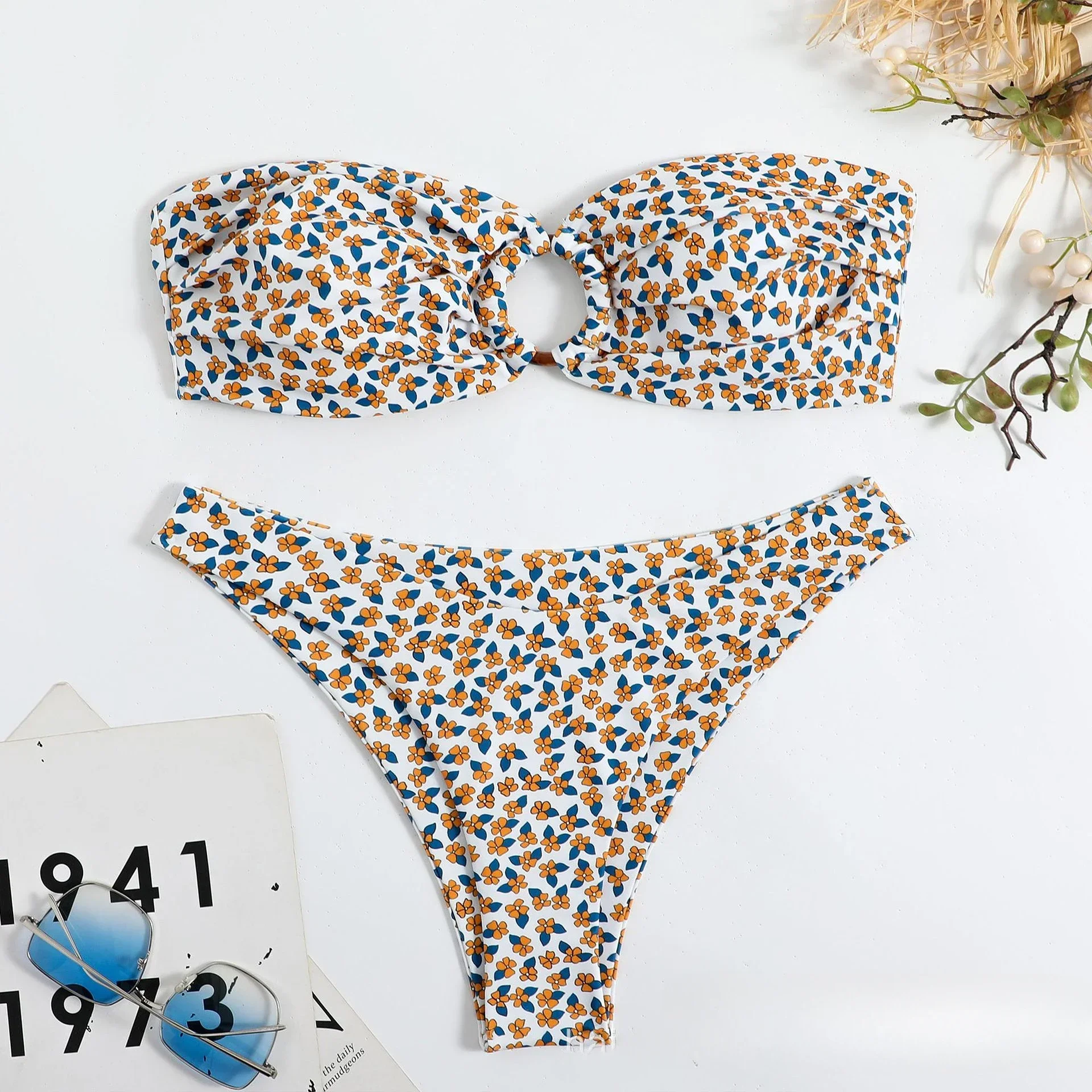 2024 New Strapless Bikini Women Double-sided Printing Swimsuit Sexy Hollow Out Ring Two-Piece Bathing Suit Thong Beach Swimwear