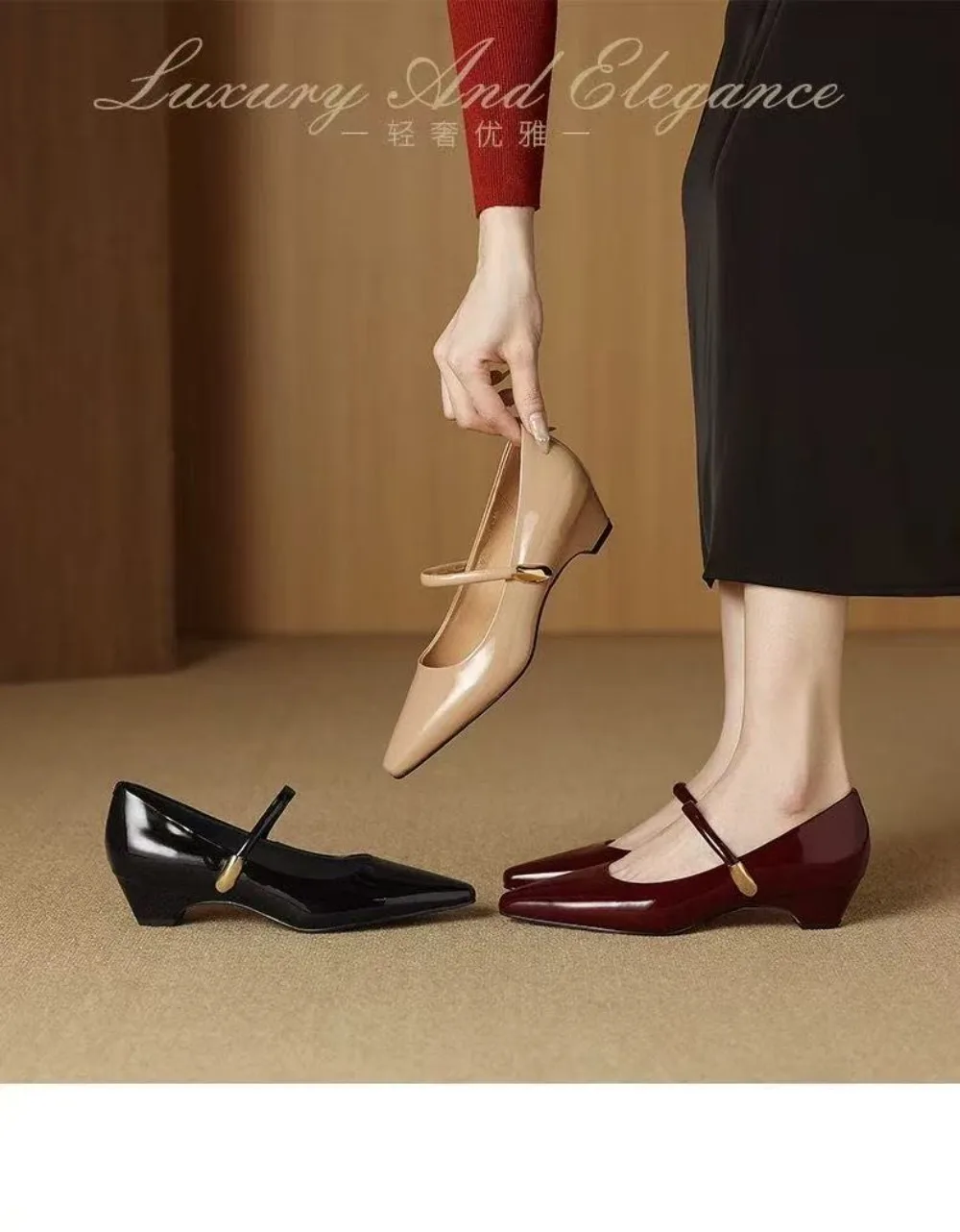 

New Square-toe Leather Shoes Red Black Mary Janes Shoes Women'S Shallow Mouth Casual Chunky Heel Shoes Low Heels Shoes