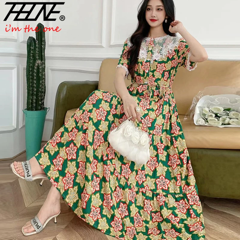 Summer Dress Women 2024 Vestidos Casual Plus Size Long Maxi Korean Style Beach Floral Cotton Lace O Neck Bohemian Indian Clothes