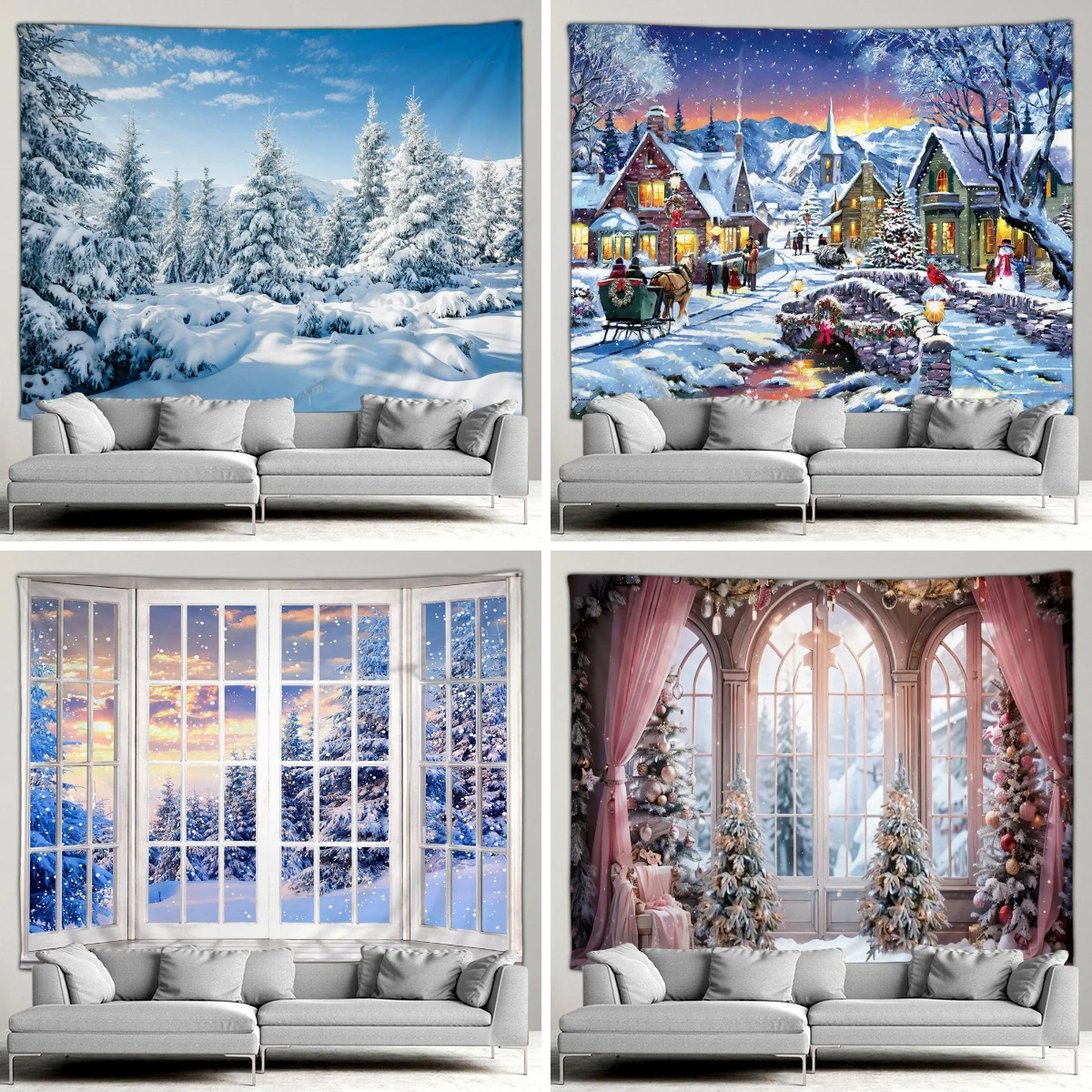 Winter Forest Snow Tapestry Christmas Tree Happy New Year Bedroom Living Room Mural Christmas Patio Wall Hanging Wall Decoration