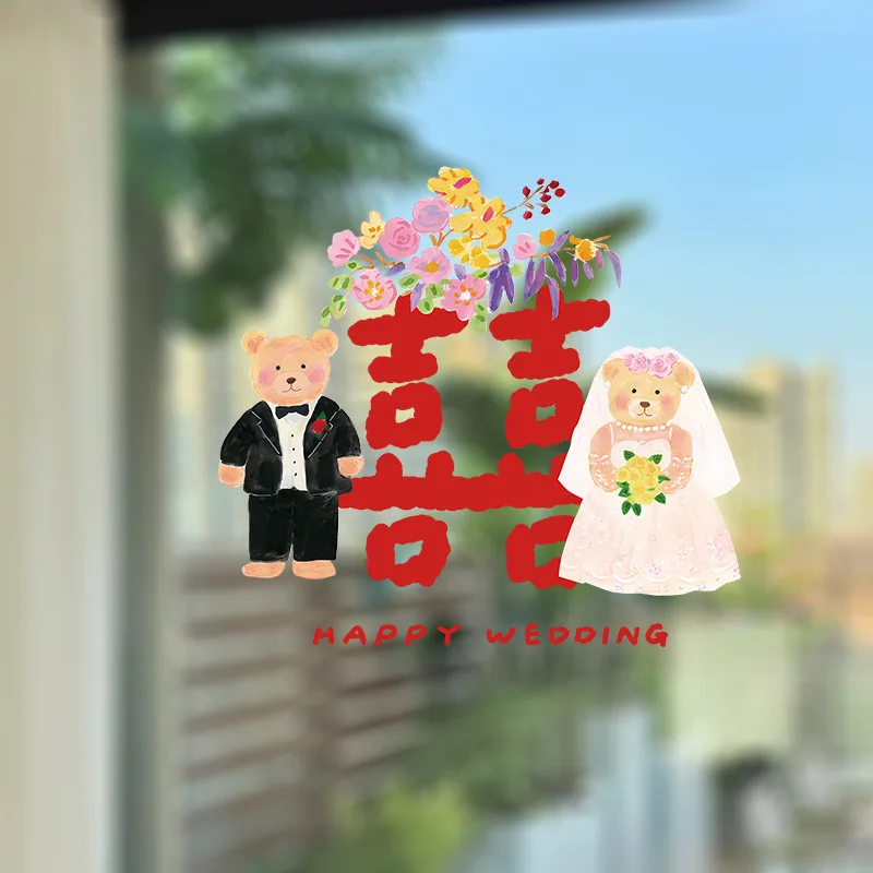 

Wedding Static Stickers Cute Suit Wedding Dress Hand-painted Bear Glass Window Mirror Stickers Wedding Room Decoration Window