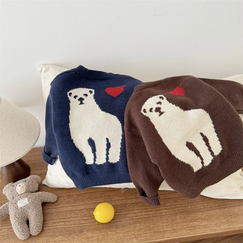 New Autumn Kids Cartoon Sweater Korean Style Bear Pattern Pullover Angora Jacquard Knitwear for Boys Girls
