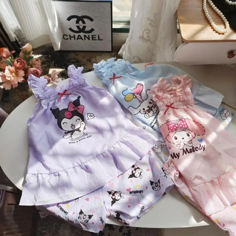 Kawaii Anime Cinnamoroll Girls Pajamas Set Kuromi My Melody Summer Bow Sleeveless Home Clothes Cartoon Cute Home Wear for Kids