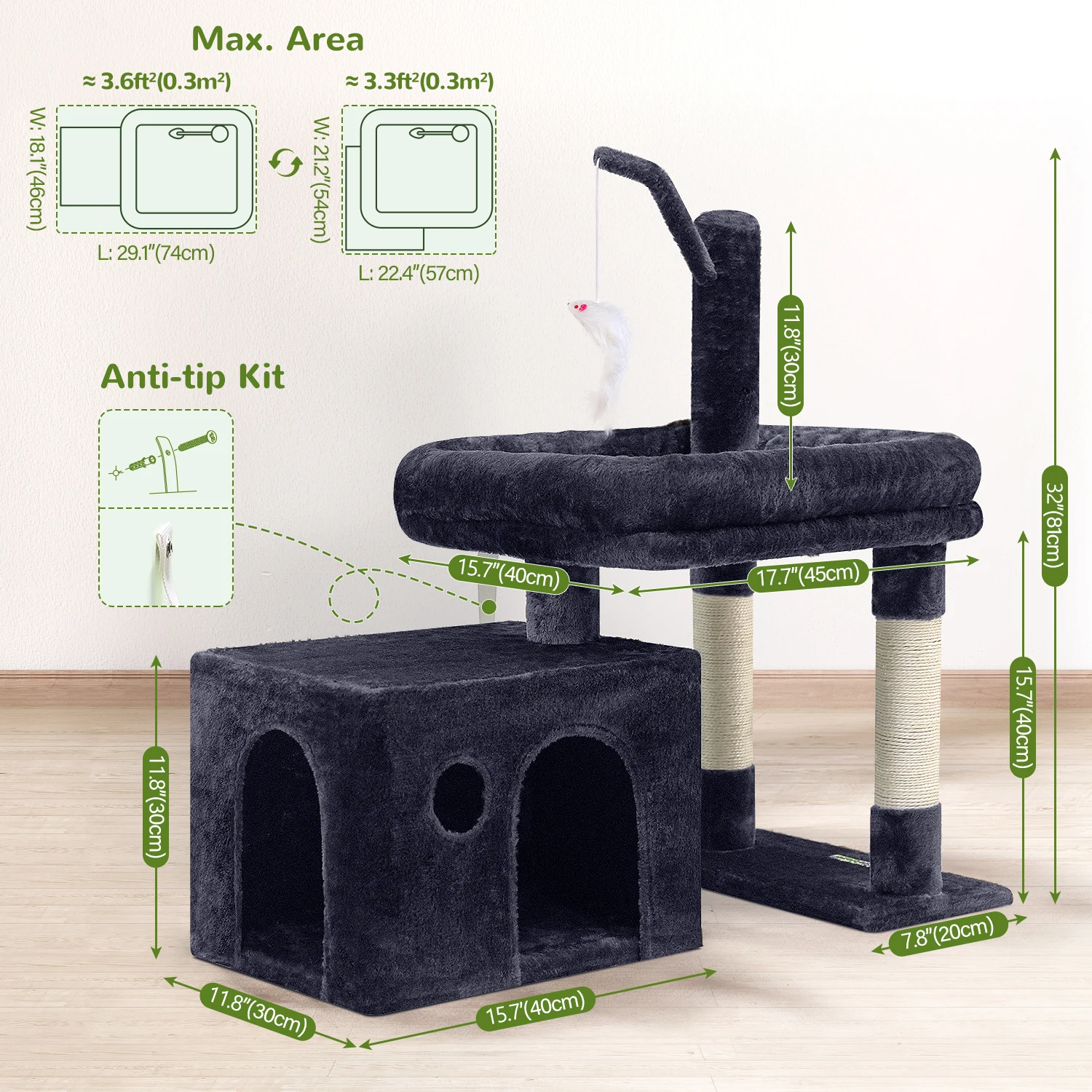 F32 Cat Stand, 32-inch Short Cat Tree with Extra-Large Padded Platform Senior Cat Tree Large Cat Condo for Adults Large Cat