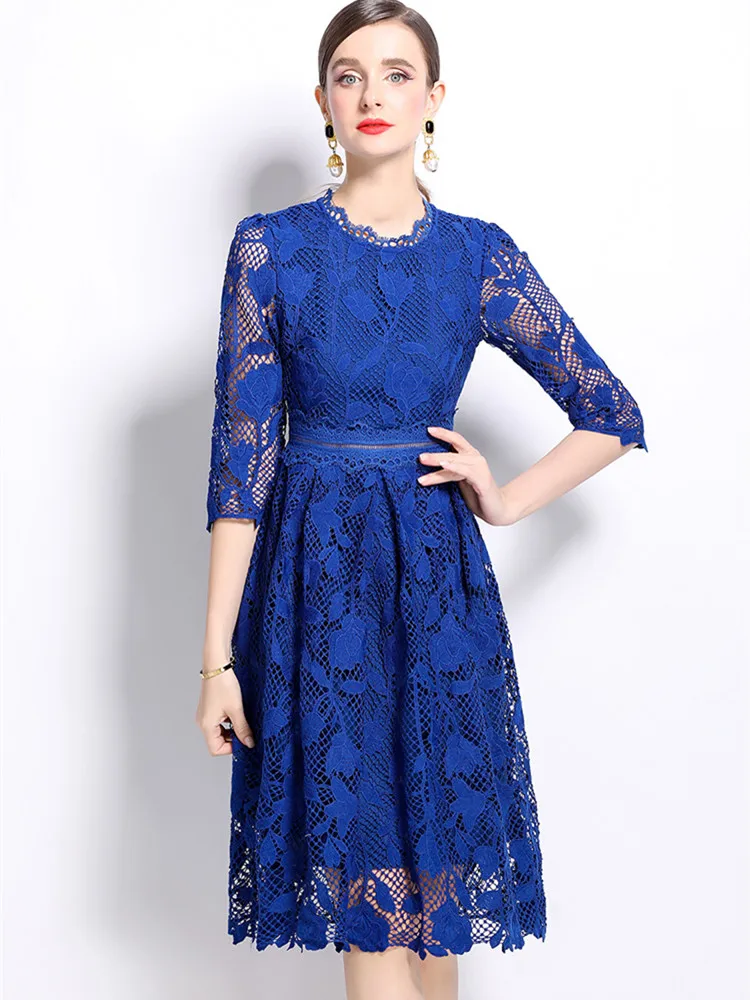 Quality Brand Autumn Hollow out Solid Long Blue Lace Prom Wedding Dresses Women Flower Embroidery Birthday Party Midi Robes