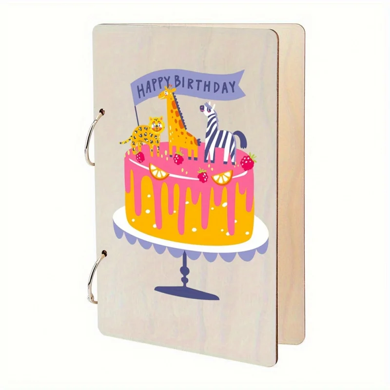 

Colorful Birthday Cake Storage Box Greeting Card Organizer, Happy Birthday Wooden Binder Postcard Album